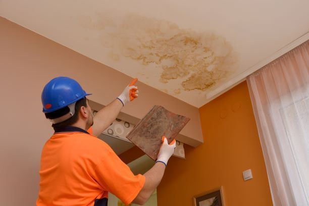 worker pointing at water damage on home ceiling